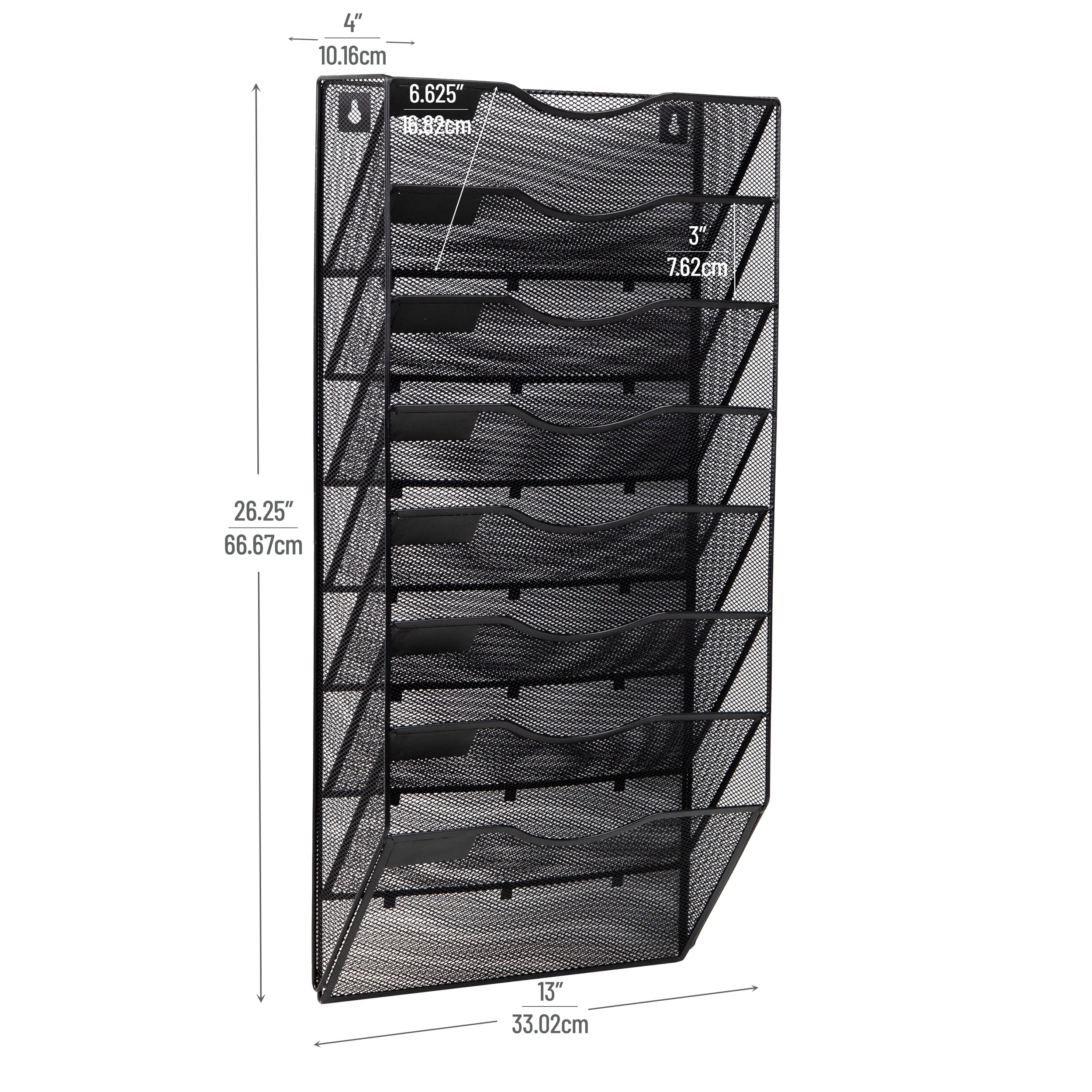 Mind Reader Wall File Organizer, 8 Pocket Hanging Document Rack, Office Wall Mount, Metal Mesh, Black