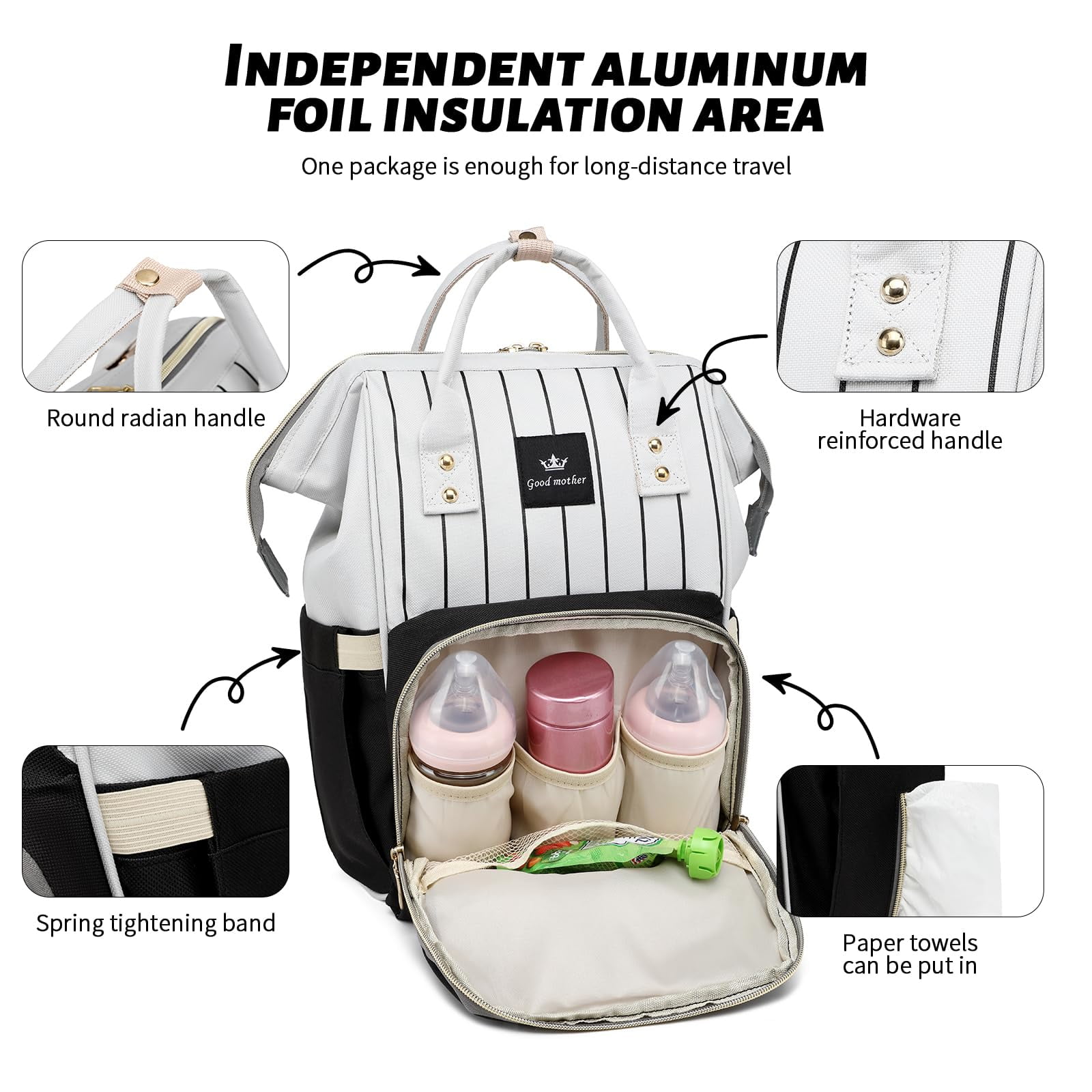 Diaper Bag Bacpack, HDJ Large Capacity Travel Diaper Bag with Insulated Milk Bottle Pocket for Mommy,Black