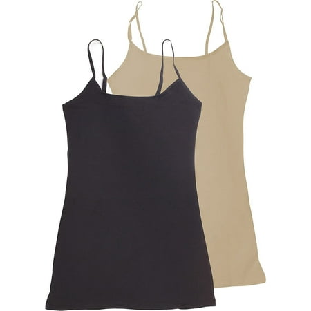 

2 Pack Active Basic Womens Long Cami w/ Built in Bra Large Black Khaki