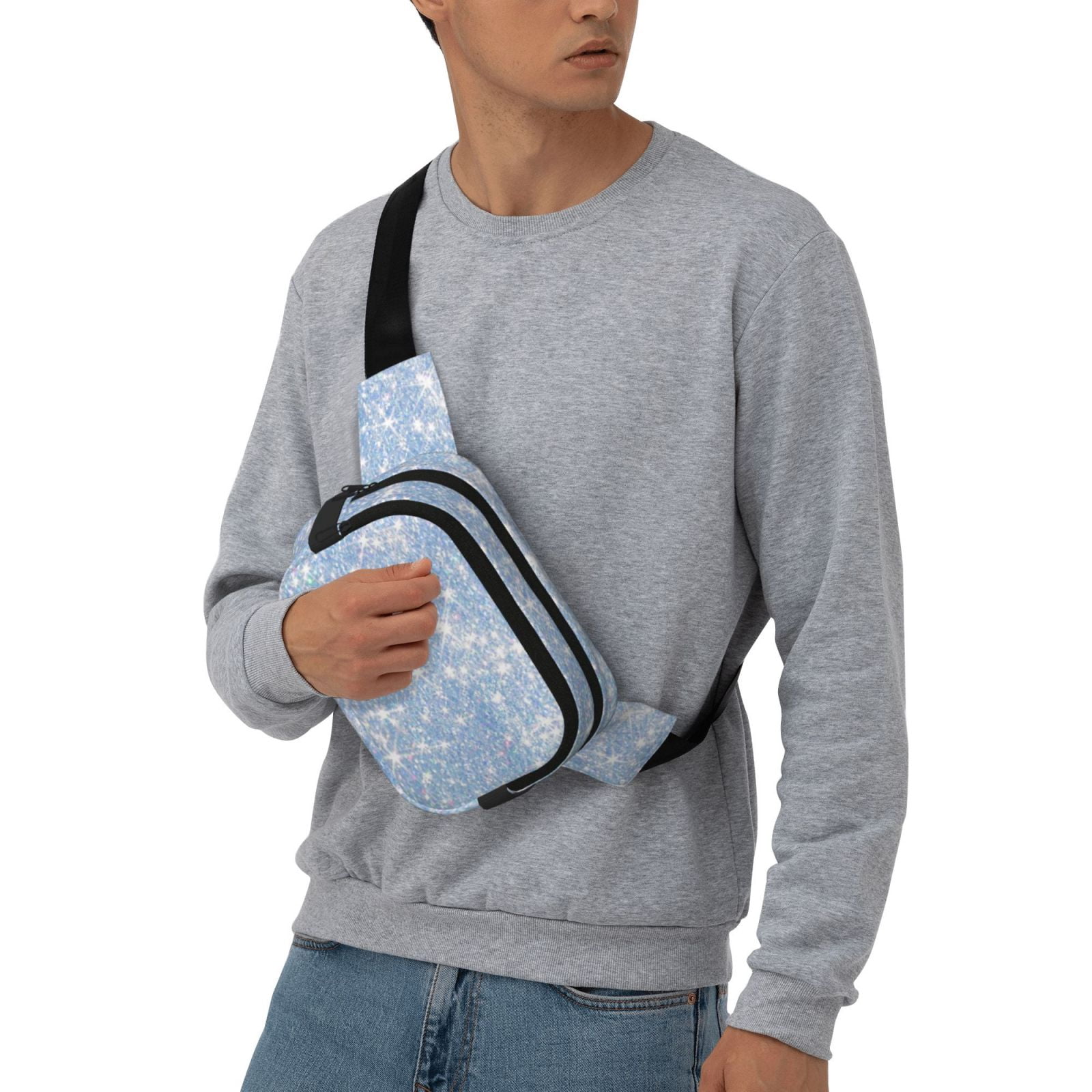 Picia White Bule Glitter Print Square Double-Layer Waist Bag Mini Adjustable Waist Belt Bag Exercise Running Travel Hiking