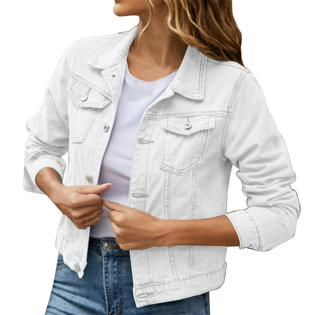 iOPQO womens sweaters Women's Basic Solid Color Button Down Denim Cotton Jacket With Pockets Denim Jacket Coat Women's Denim Jackets White S