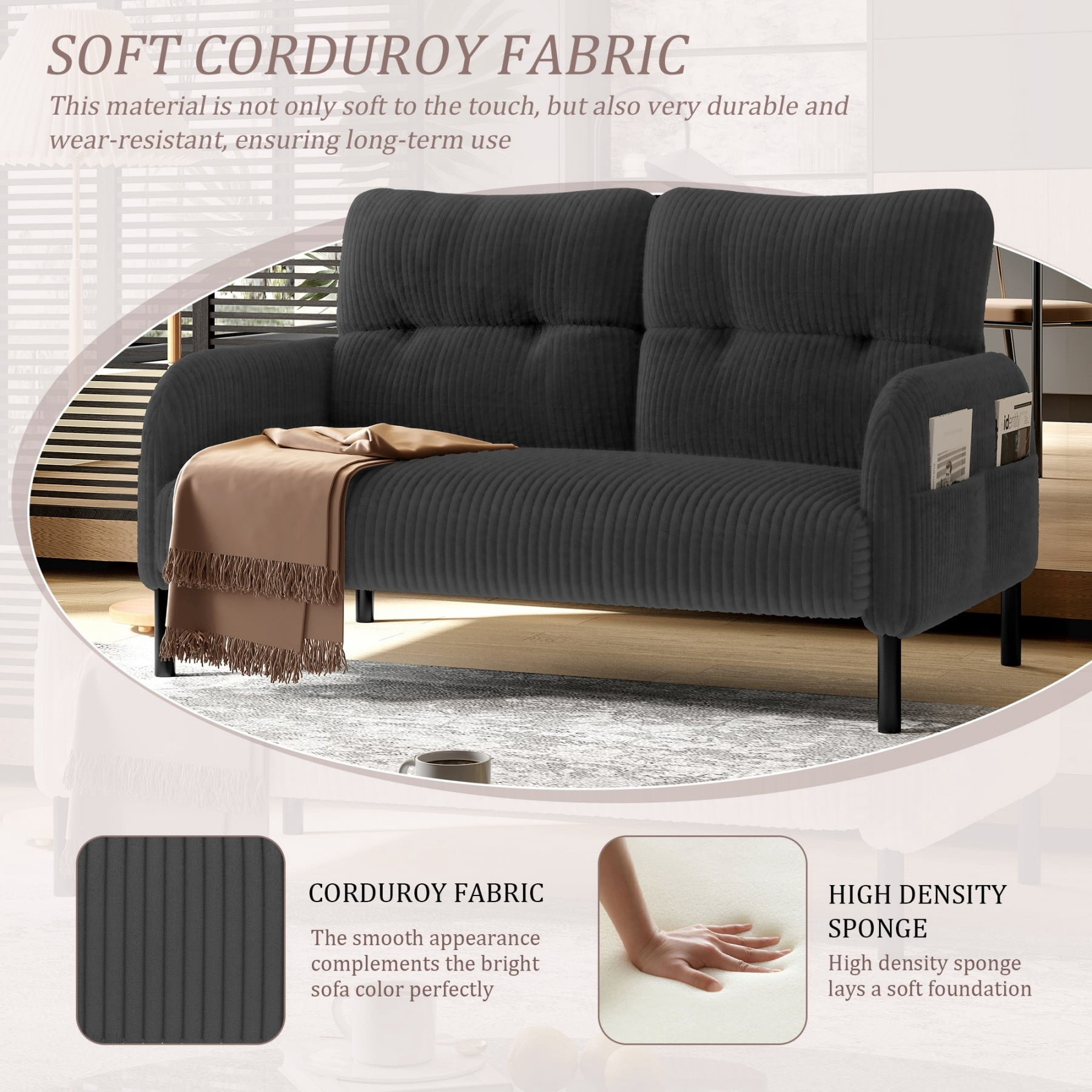 Corduroy Loveseat Sofa, Modern Upholstered Double Sofa Couch with Side Pockets for Living Room Bedroom Apartment, Gray