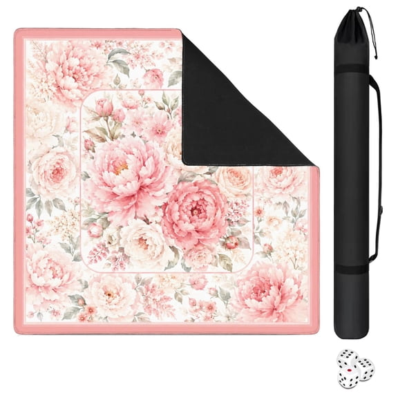 Mahjong Mat with Carrying Bag 31.5" x 31.5" Non-Slip Noise Reduction Pink Peony Border Floral Table Mat for Mahjong Poker Dominoes Card Board Tile Games