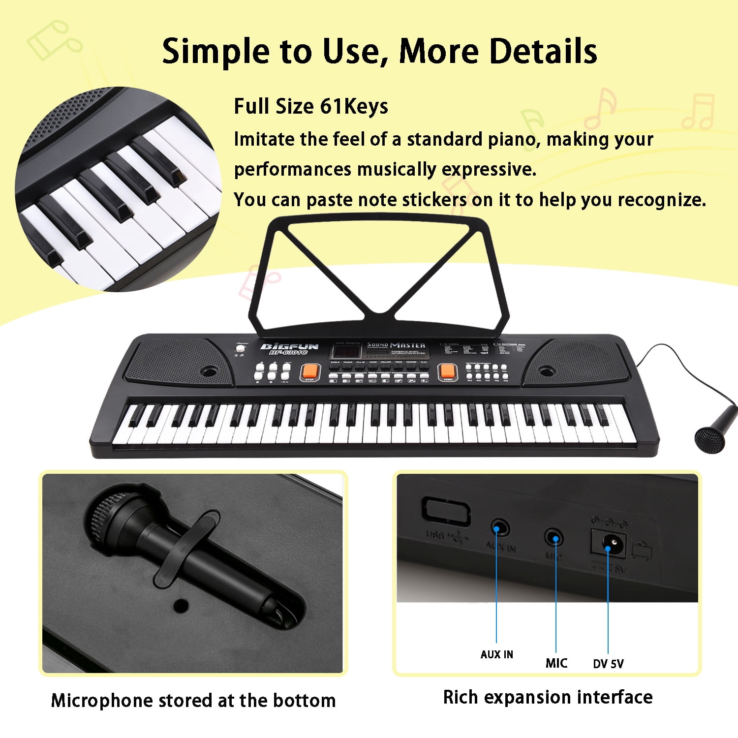 OUTGOO Kids Keyboard Piano, Portable 61 Keys Piano Keyboard for Beginners, Electronic Digital Piano with Built-in Dual Speaker, Microphone and Music Stand, for Boys Girls Ages 3-12