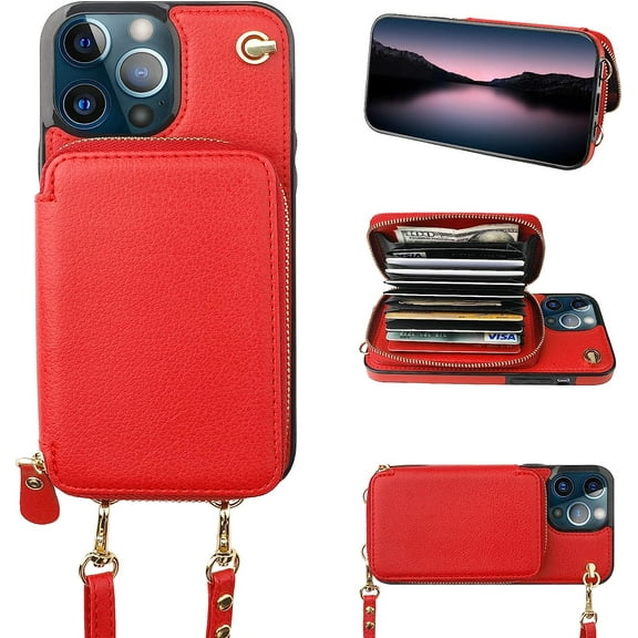 Crossbody Wallet Case for iPhone 13 Pro Max, RFID Blocking Leather Purse Case with Card Holder, Protective Handbag Flip Cover with Zipper Wrist Strap Lanyard for Women 5G 6.7 Inch (Red)