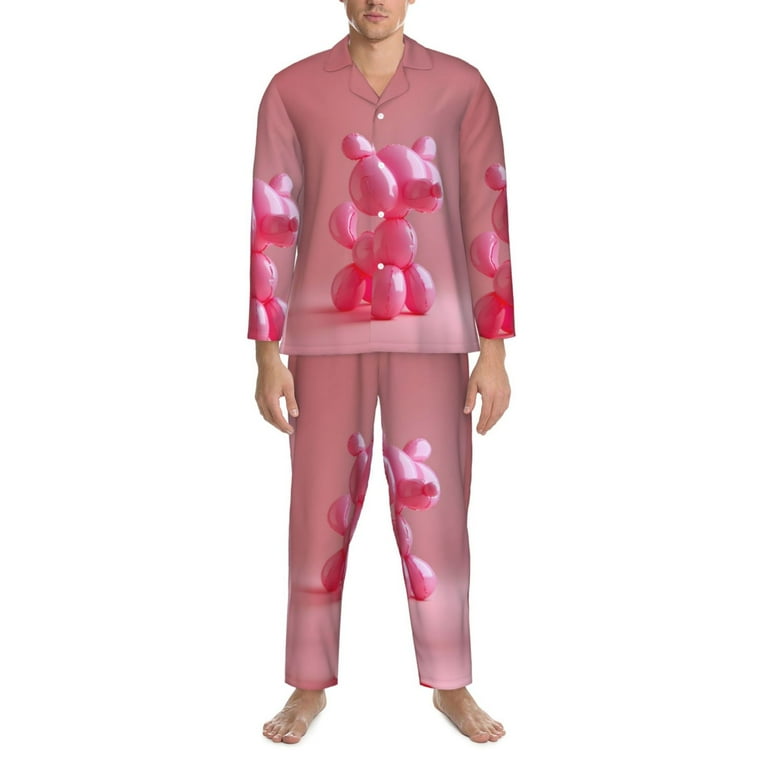Mens Pajamas Set Pink Balloon Puppy Art Soft Comfy Long Sleeve Button Up Pajama Sets for Men 2 Piece Sleepwear Nightwear Pjs Lounge Sets for Men with Pockets Walmart