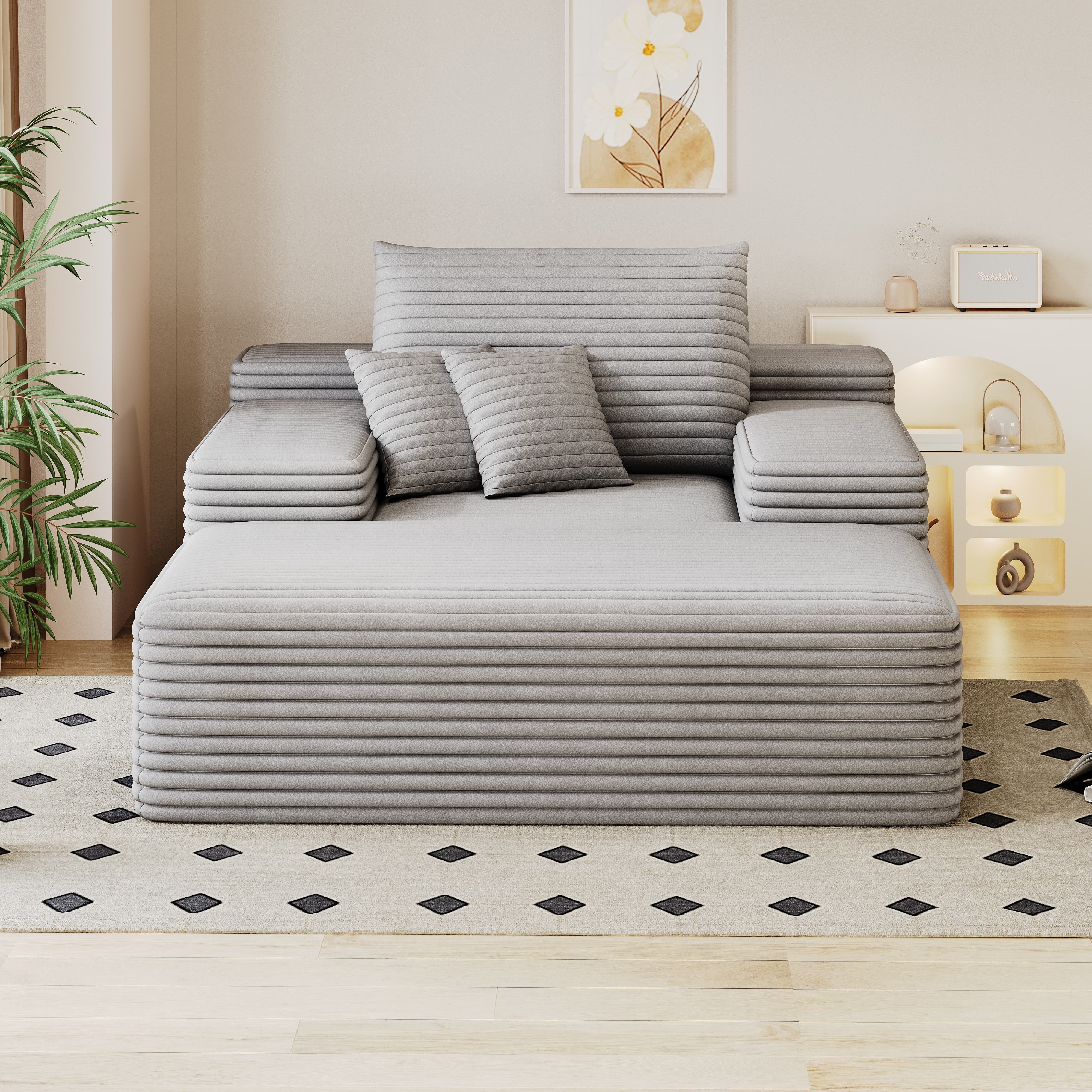 Leumius Oversized Chaise Lounge Chair Indoor Furniture, No Assembly Required, Plush Corduroy Upholstered Sofa Bed Cozy Sleeper Couch for Living Room, Bedroom, Grey