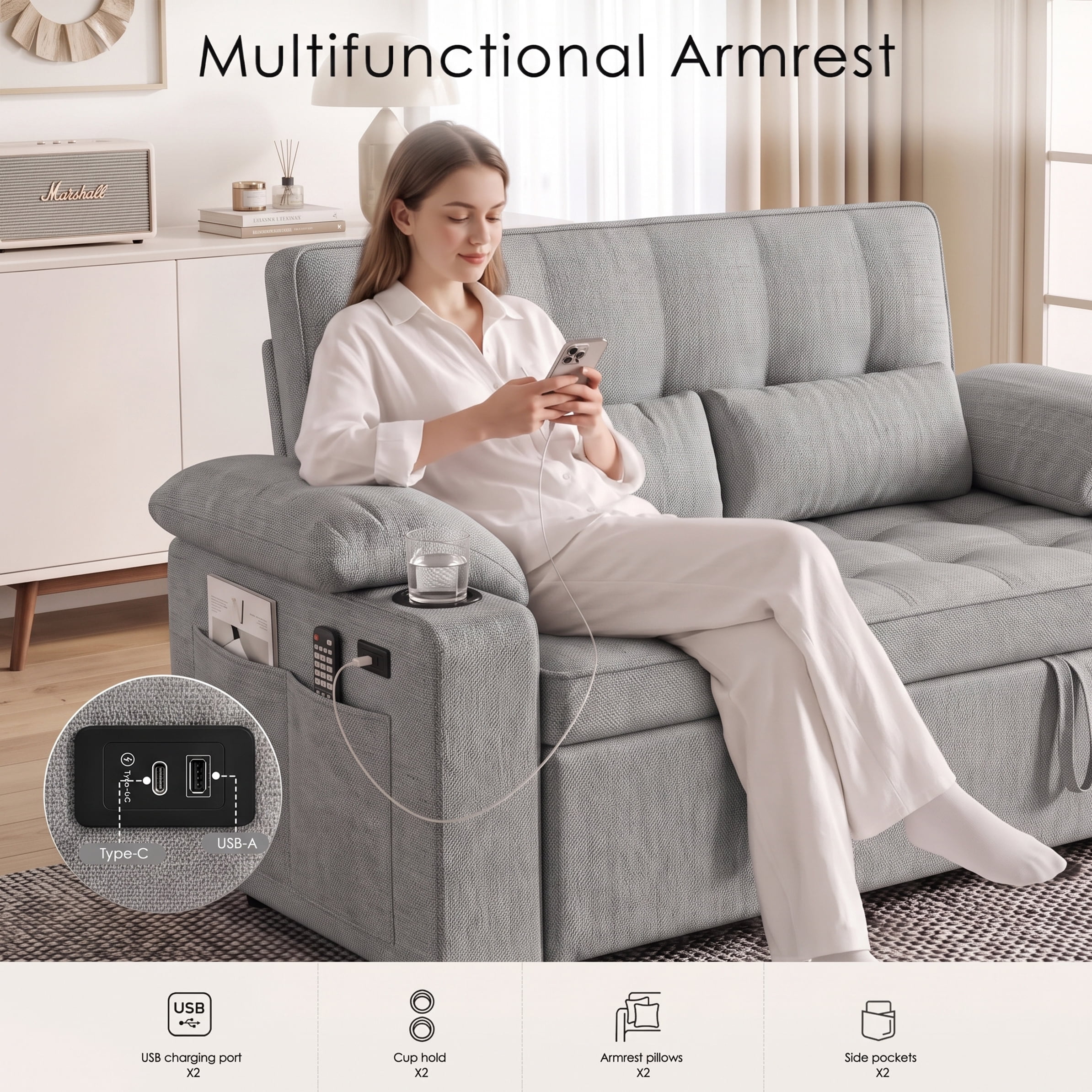 Xiweot Convertible Sleeper Sofa Bed, 58" Full Size Pull Out Couch with Cup Holders, Adjustable Backrest, USB Ports & Side Pockets, Towel Fabric Sleeper Loveseat for Living Room Apartment (Light Gray)