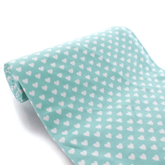 Aqua Ivory Hearts DBP Fabric - Double Brushed Polyester 4 Way Stretch -  1/2 yard