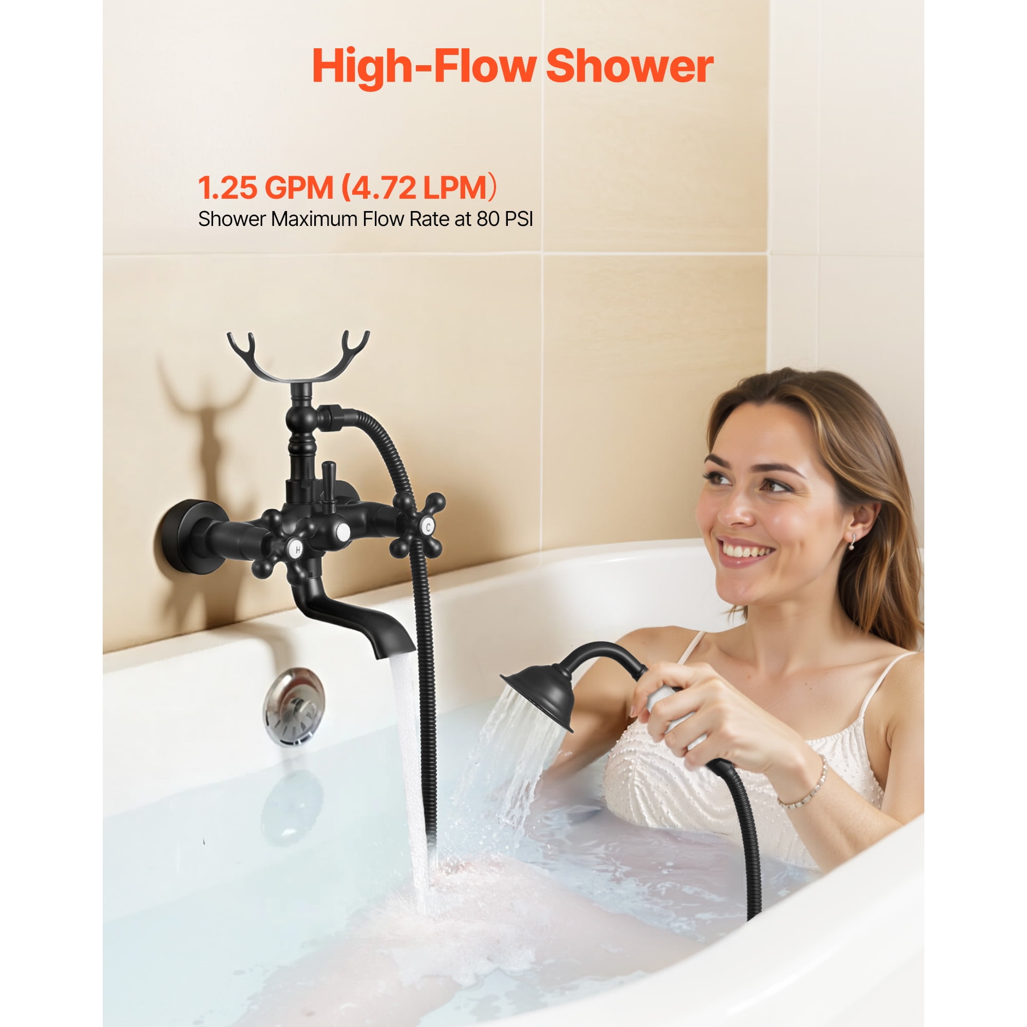 KFFKFF Wall-Mounted Clawfoot Tub Faucet with Handheld Shower, Matte Black Bathtub Filler Kit Featuring Adjustable Swing Arms and 360° Rotating Spout for Classic Bathtubs