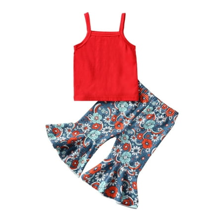 

aturustex 6M 12M 2T 3T 4T 5T Toddler Girls 4th of July Clothes Solid Color Red Camisoles Sleeveless Sling Tank Tops Floral Print Flare Pants 2Pcs Set Independence Day
