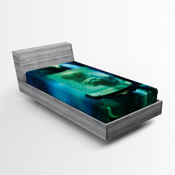 Ambesonne Outer Space Fitted Sheet, Martian UFO Alien, Twin XL Size, Pale Green Sky Blue