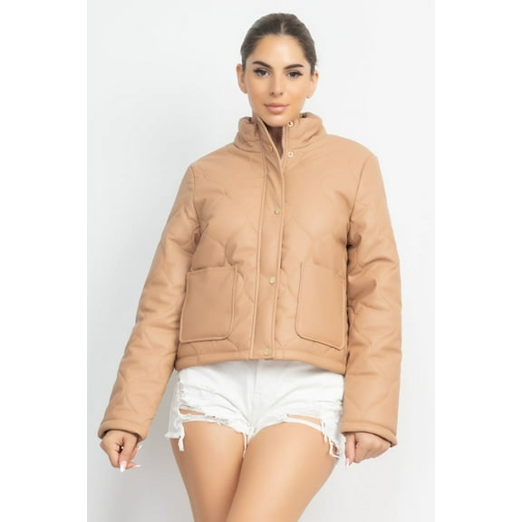 Mock Neck Quilted Jacket Taupe S