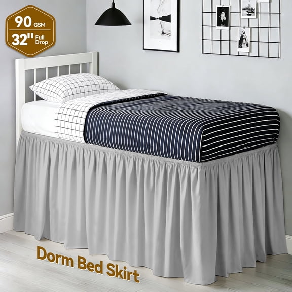 Gray Dorm Bed Skirt, Twin XL Size with 32" Drop, Easy Wrap-Around Elastic Design & Machine Washable Solid Fabric for Bedroom Decor
