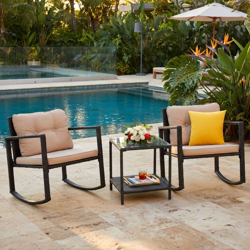 Hommoo 3-Piece Wicker Rocking Bistro Set, Outdoor Patio Chairs + Tempered Glass Coffee Table with Storage Shelf, Brown