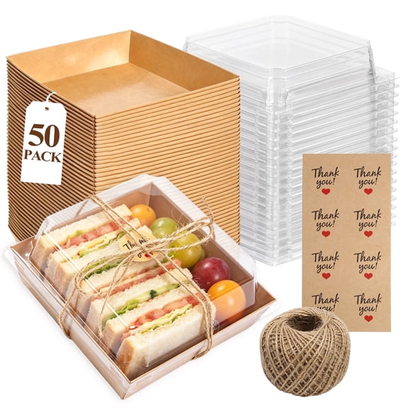 Aovky Charcuterie Boxes 50 Pack, Individual Disposable Food Container with Clear Lids, 5 Inch Mini Charcuterie Box To Go, Paper Dessert Boxes for Sandwich, Cookie, Sushi, Cake Slice