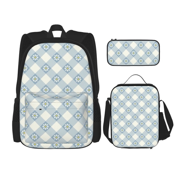 Easygdp Daisy Plaid Blue Mochila para Niños y Niñas con Set de Caja de Almuerzo y Estuche para Lápices 3 en 1, Mochila Escolar Estampada para Adolescentes
