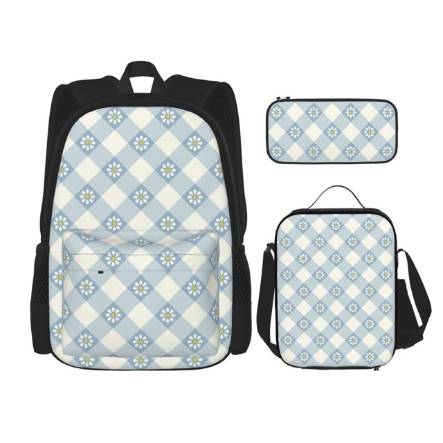 Balery Daisy Plaid Blue Mochila escolar 3 en 1 para niños: mochila resistente con lonchera térmica y estuche para lápices. Mochila escolar para niños y niñas.