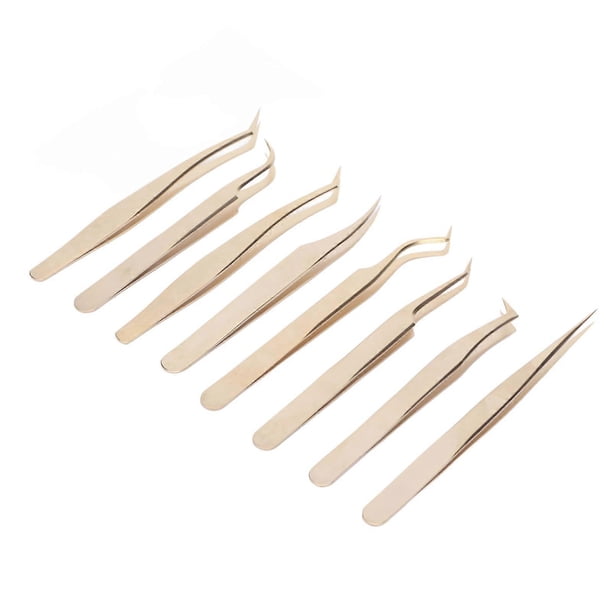 8PCS Eyelash Extension Tweezers Set Stainless Steel Straight Curved Tip Tweezers for Beauty Eyelash Tools Pearly Gold