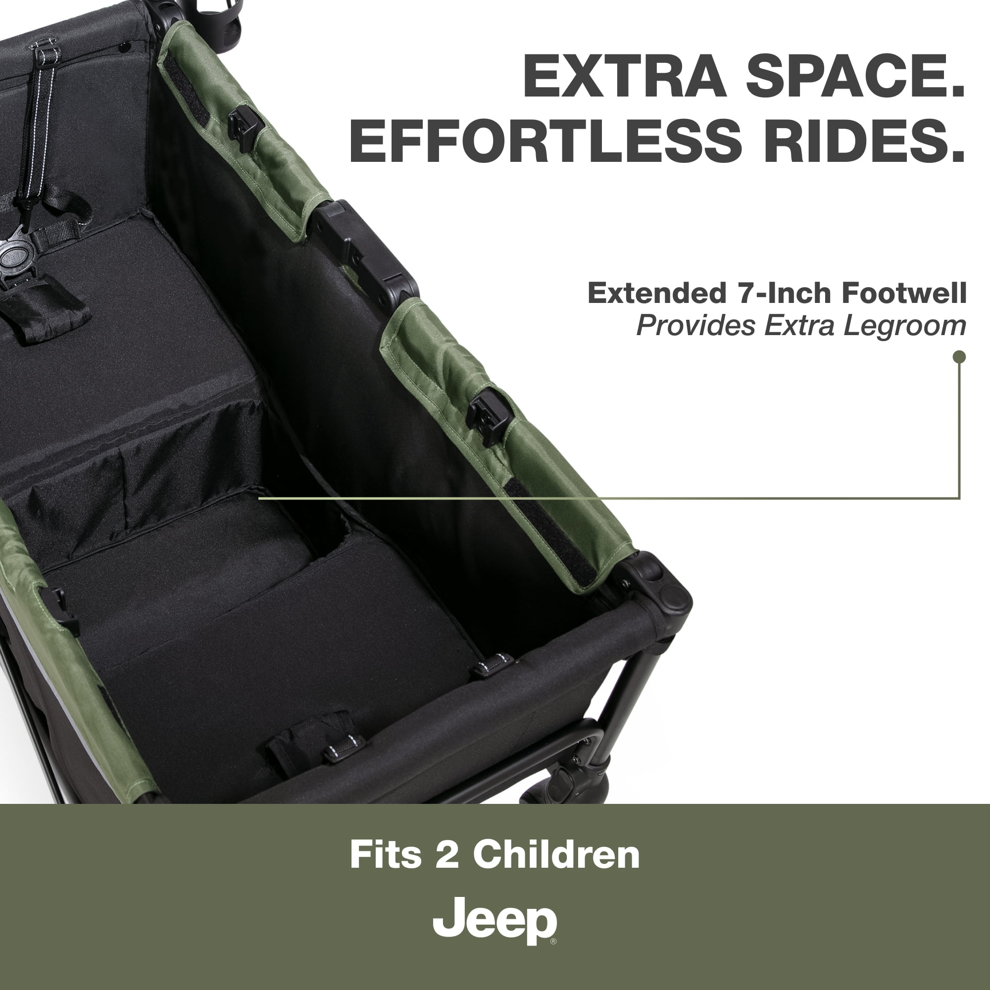Jeep TurboGlyde Stroller Wagon by Delta Children – Extended Footwell for More Leg Room, Greenguard Gold Certified, Black/Green