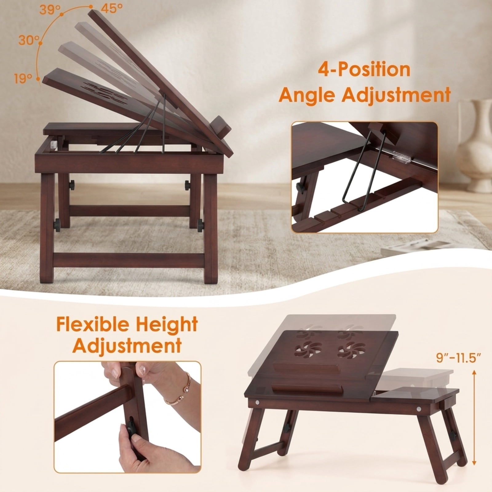 Furnibear Adjustable Bamboo Laptop Desk with Tilting Top Foldable Legs and Side Storage Drawer for Bed Sofa and Study, Brown