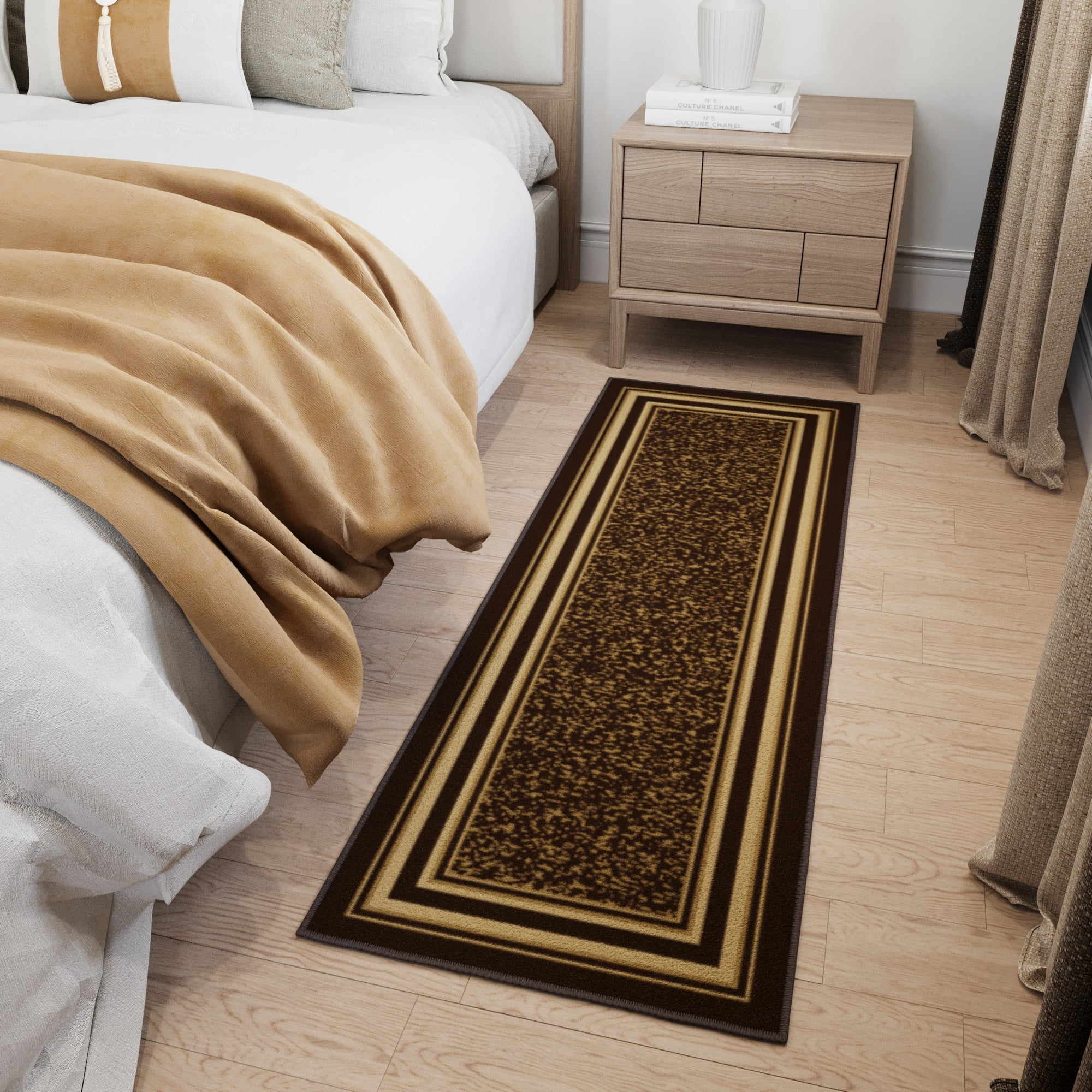 Ottomanson Border Bathroom Runner Rug 20" x 53" - Non Slip Low Pile Carpet, Dark Brown