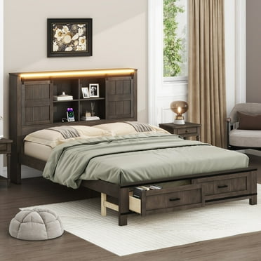 Euroco Wood Queen Size Platform Bed with Storage Headboard, USB Charging Station, LED Light and Drawers for Adults