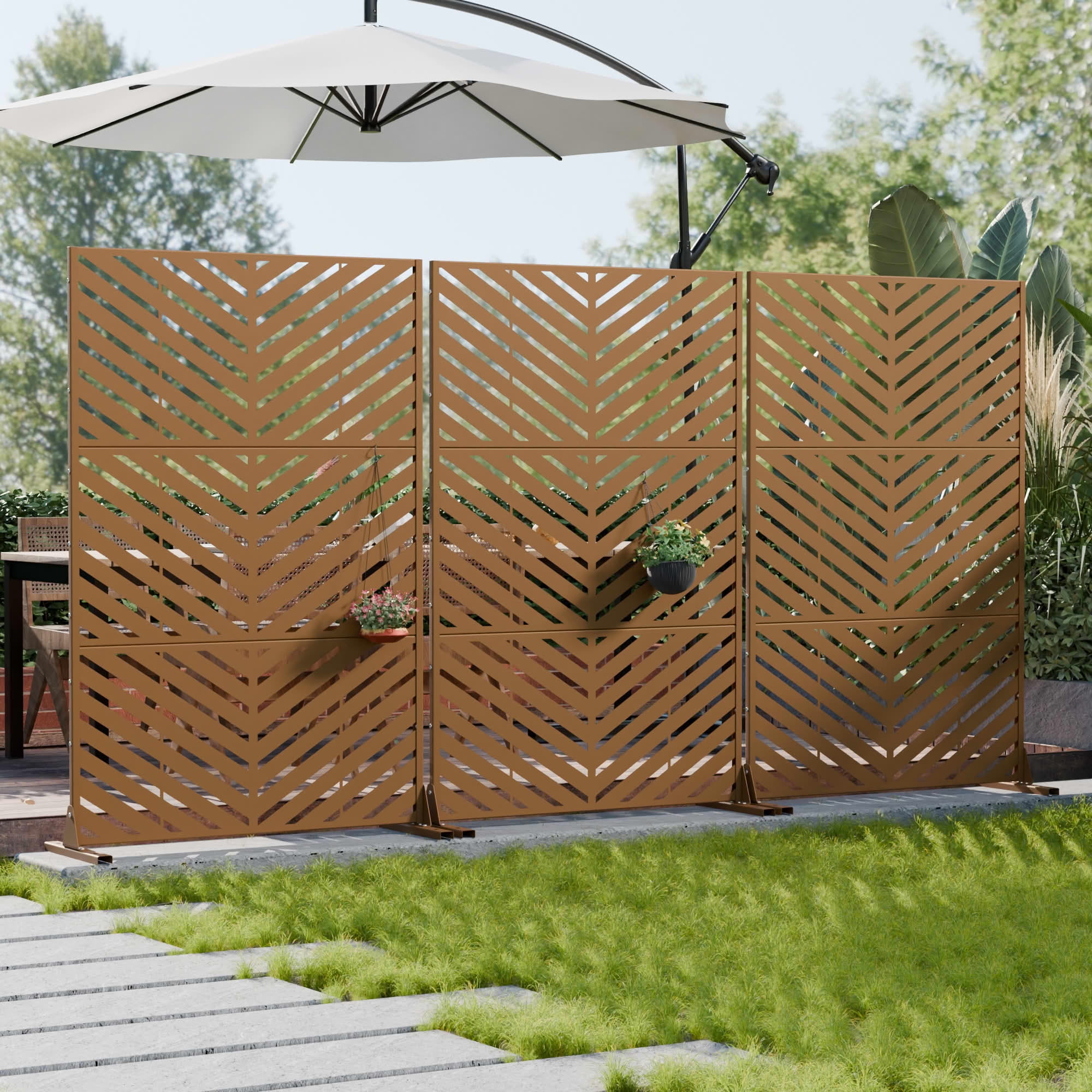 MAYEERTY 2-Piece Outdoor Metal Privacy Screen 6ft × 4ft Brown, 3-Panel Parallel Decorative Screen, Rust-Resistant for Patio