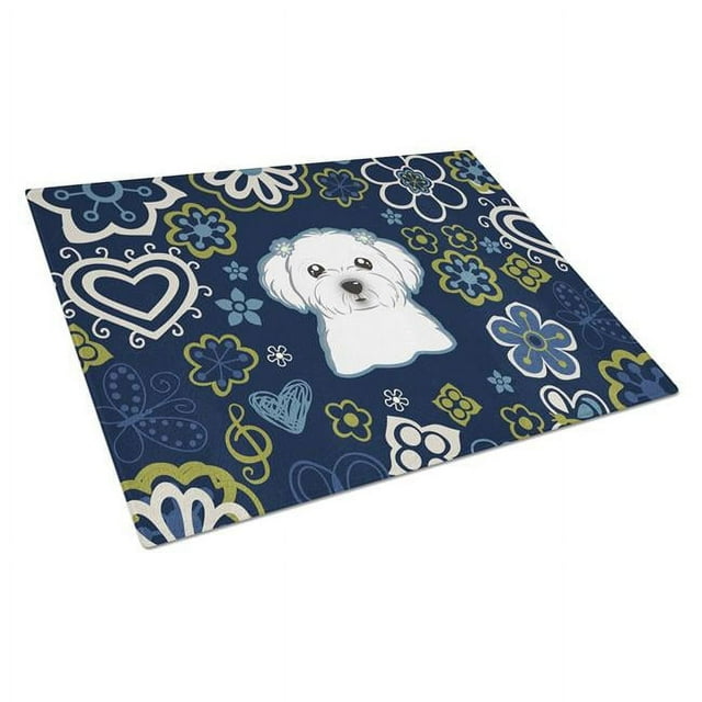 Carolines Treasures BB5059LCB Blue Flowers Maltese Glass Cutting Board - Large