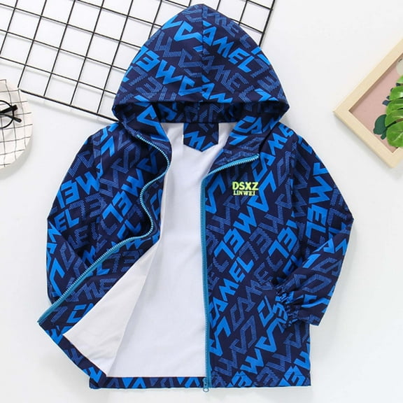 GBSYEWXS Teen Boys Coat Long Sleeve Letter Print Windbreaker Comfortable Relaxed Hooded Jacket Blue Size 3--4 Years