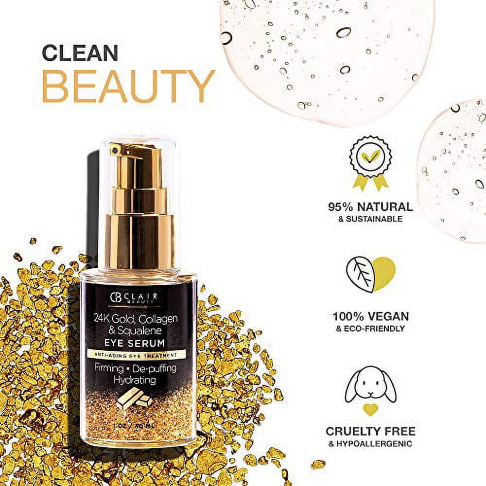 Clear Beauty 24K Gold, Collagen & Plant-Derived Squalene Eye Serum – Vegan Anti-Aging Eye Treatment, Firming & Hydrating, 1 oz