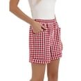 thumbnail image 4 of Garbnen Plaid Shorts for Women Elastic Waist Wide Leg Shorts Women Casual Summer Beach Travel Color Block Baggy Lightweight Going Out Women Short with Pockets Red S, 4 of 6