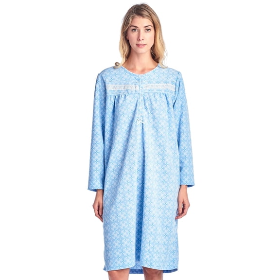 Casual Nights - Cozy Fleece Long Sleeve Nightgowns for Women | Elegent Print & Lace | Warm Sleepwear & Lounging | Soft Microfleece, Crew Neck, Button Closure | Sparkle Blue - 3XL