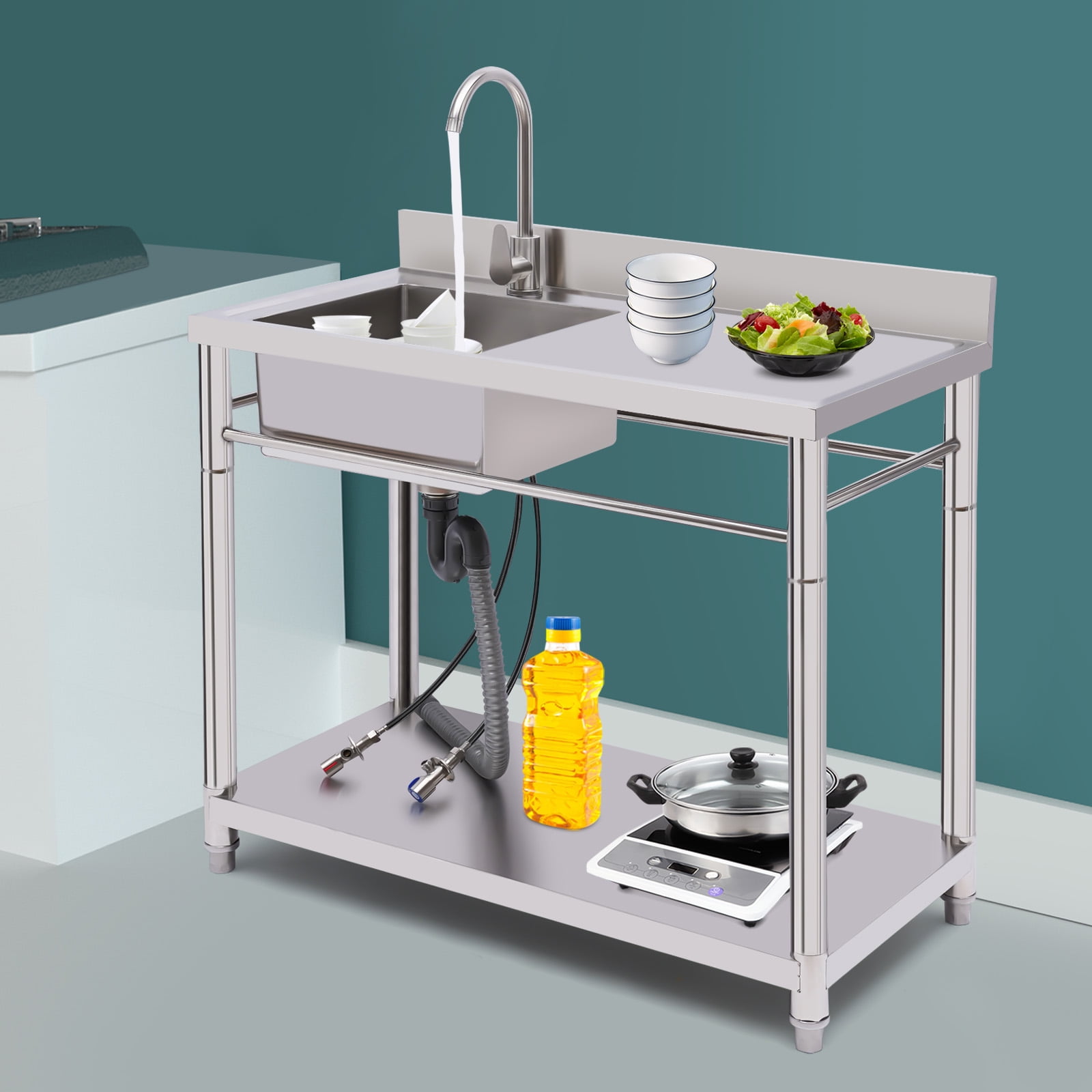 Dwellnix Heavy Duty Stainless Steel Utility Sink with Faucet, Storage Shelf, Adjustable Feet, and Drainage Pipe, Perfect for Kitchen, Garage, Laundry Room