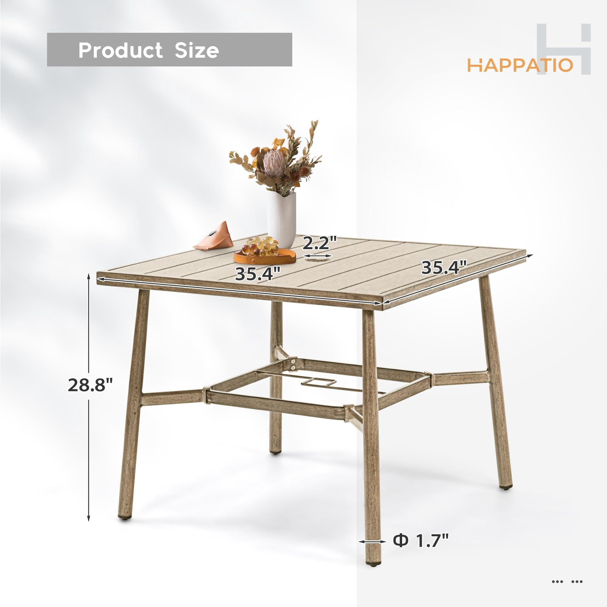 Aluminum 35.4"x 35.4" Square Outdoor Patio Dining Table for 4 with Umbrella Hole and Adjustable Feet
