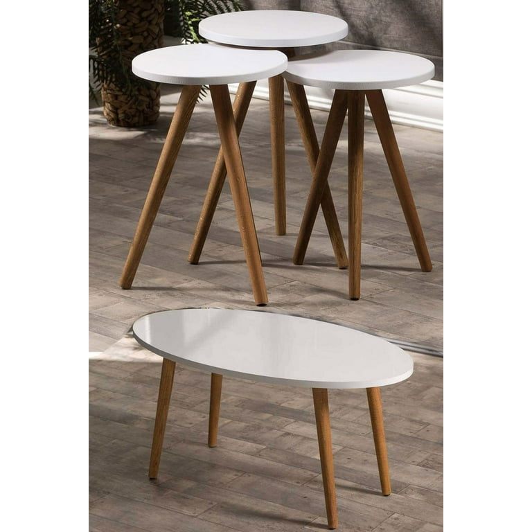 White Oval Coffee Table Set with 4 PCS Set With 3 Modern Round Nesting Tables And Coffee Table with Wooden Legs Stacking Side Tables Set of 4 Small