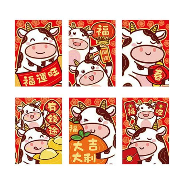 Abbracc 6 Pcs Enveloppes Rouges Chinoises Paquets du Nouvel An Enveloppe Ox Hongbao 2021 Style1