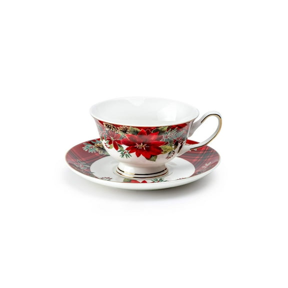 Poinsettia Pine Cone Fine Porcelain Tea Cup and Saucer