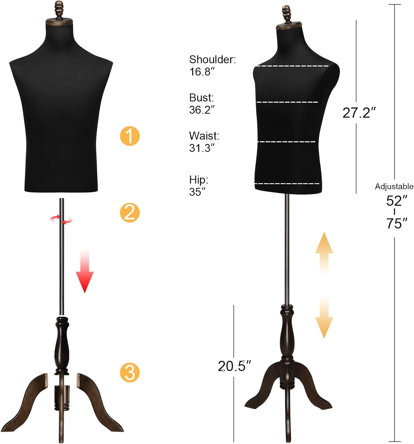 Bonnlo Male Black Mannequin Dress Form with Adjustable Height Sturdy Tripod