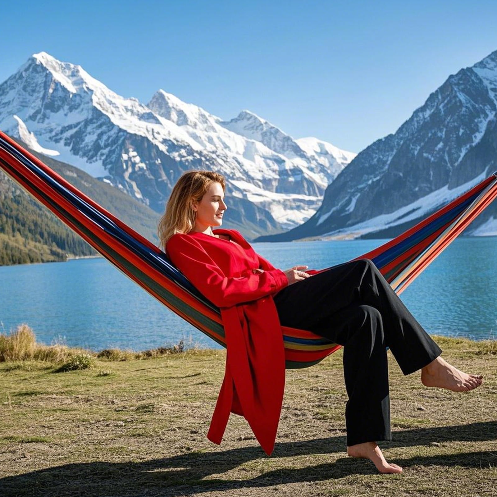 Double Hammock with Stand Sturdy 440lbs Capacity Hammock for Camping Outside Garden Outdoor Indoor Patio Backyard, Rainbow