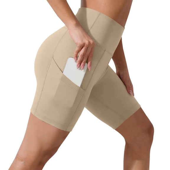 Gsakboxl Yoga Pants Women Women High Waist Side Pocket Yoga Biker Shorts For Cycling Running Gym Workout Sports Beige L
