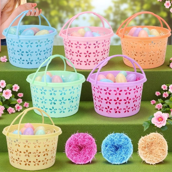 Easter Basket Set for Kids, 6 Plastic Easter Baskets, 36 Colorful Easter Eggs & 3-Color Grass for Easter Egg Hunt Party Supplies