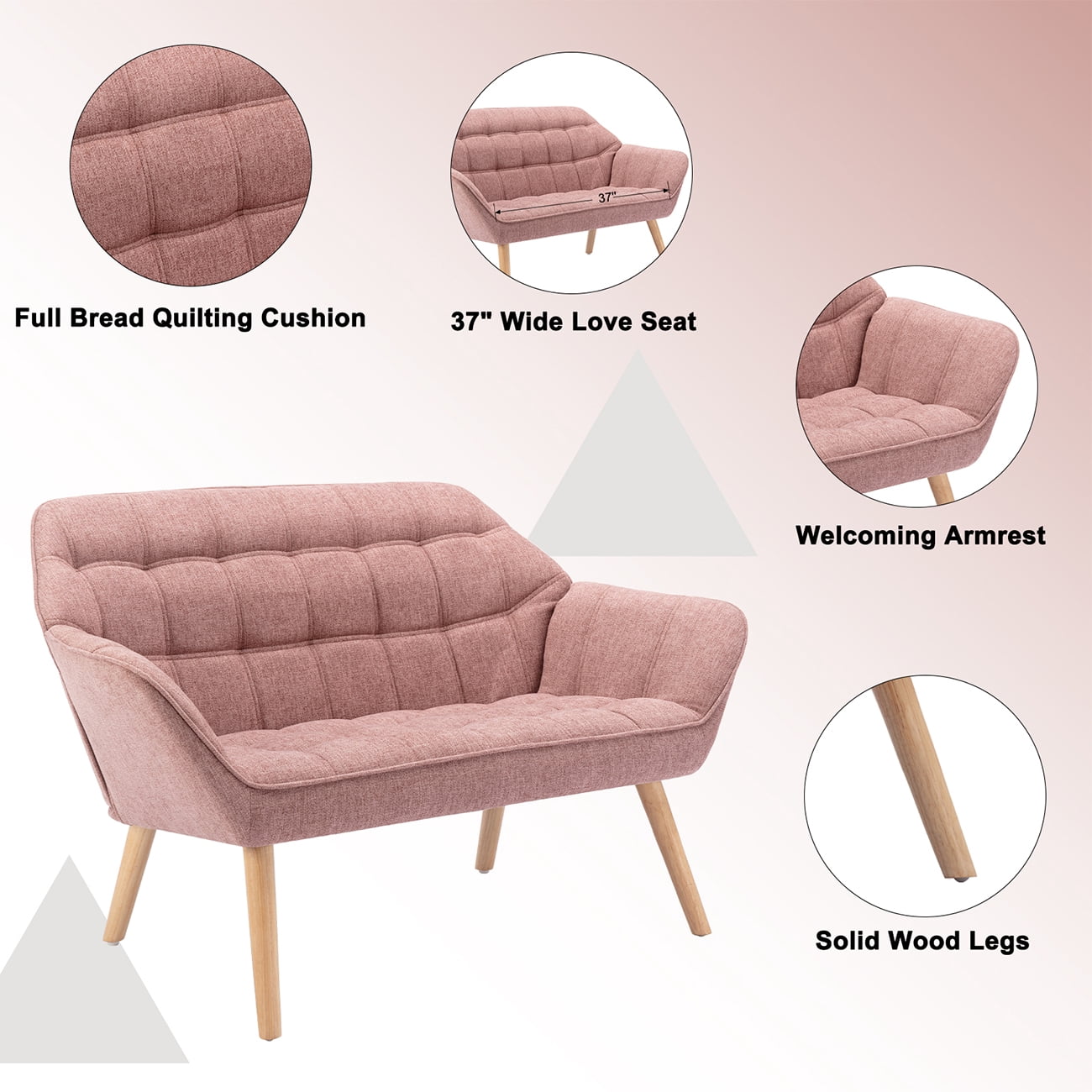 Guyou Small Loveseat Sofa, Modern Linen 2-Seater Mini Sofa Couch with Quilted Back and Armrests, Cute Accent Chair with Wooden Legs for Living Room Bedroom Apartment, Pink