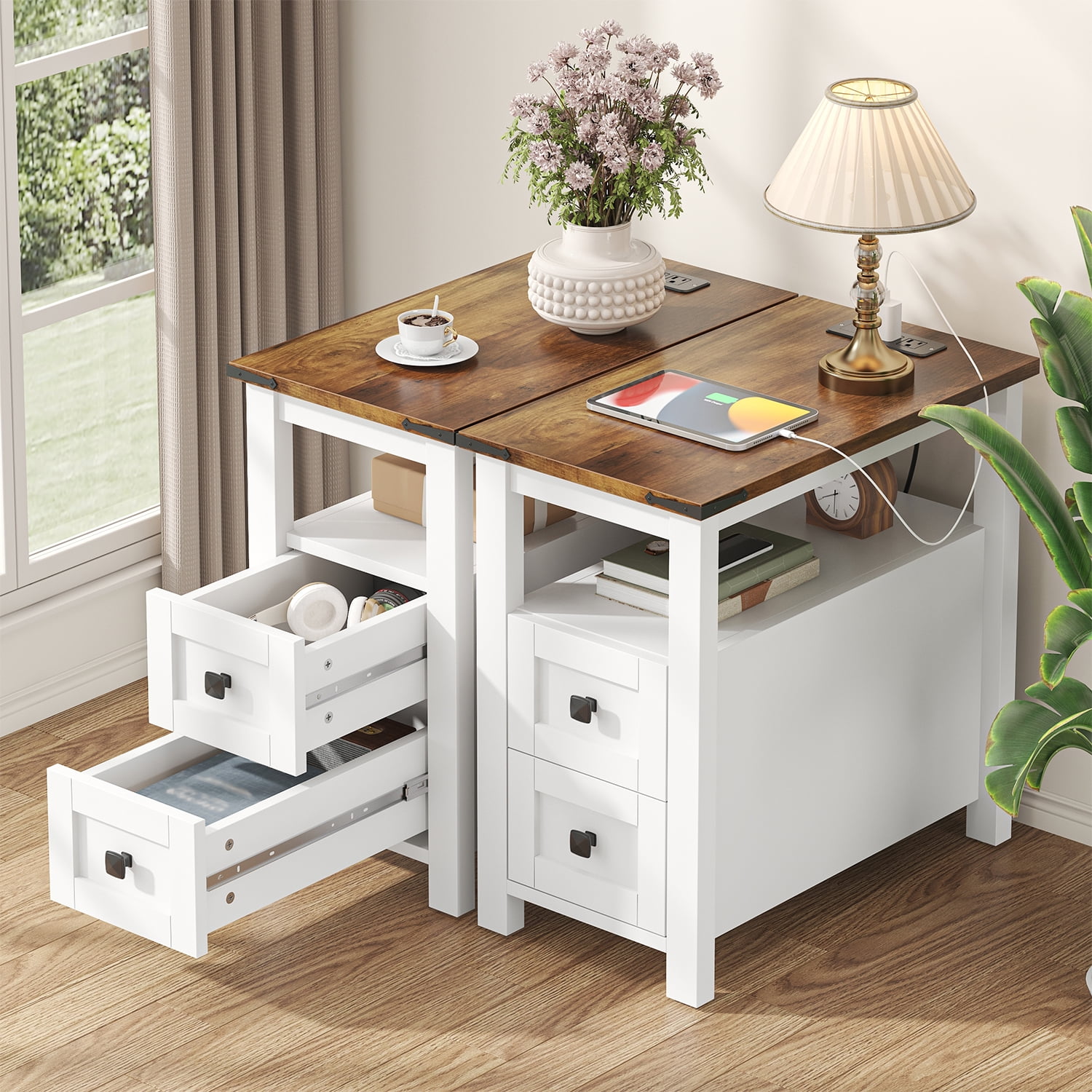 Frmobepts End Table with Charging Station, Farmhouse Rustic Wood Side Table for Living Room, Bedroom, White