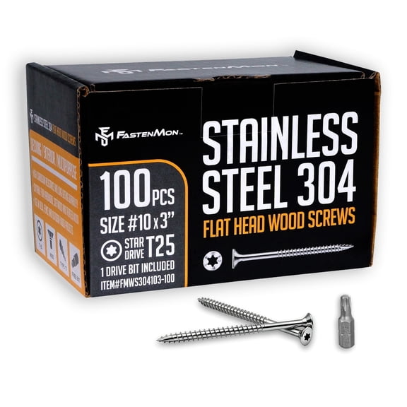 FM FASTENMON Deck Screws Stainless Steel 304, T25 Star Drive, 100 Pack, #10 x 3 Inch