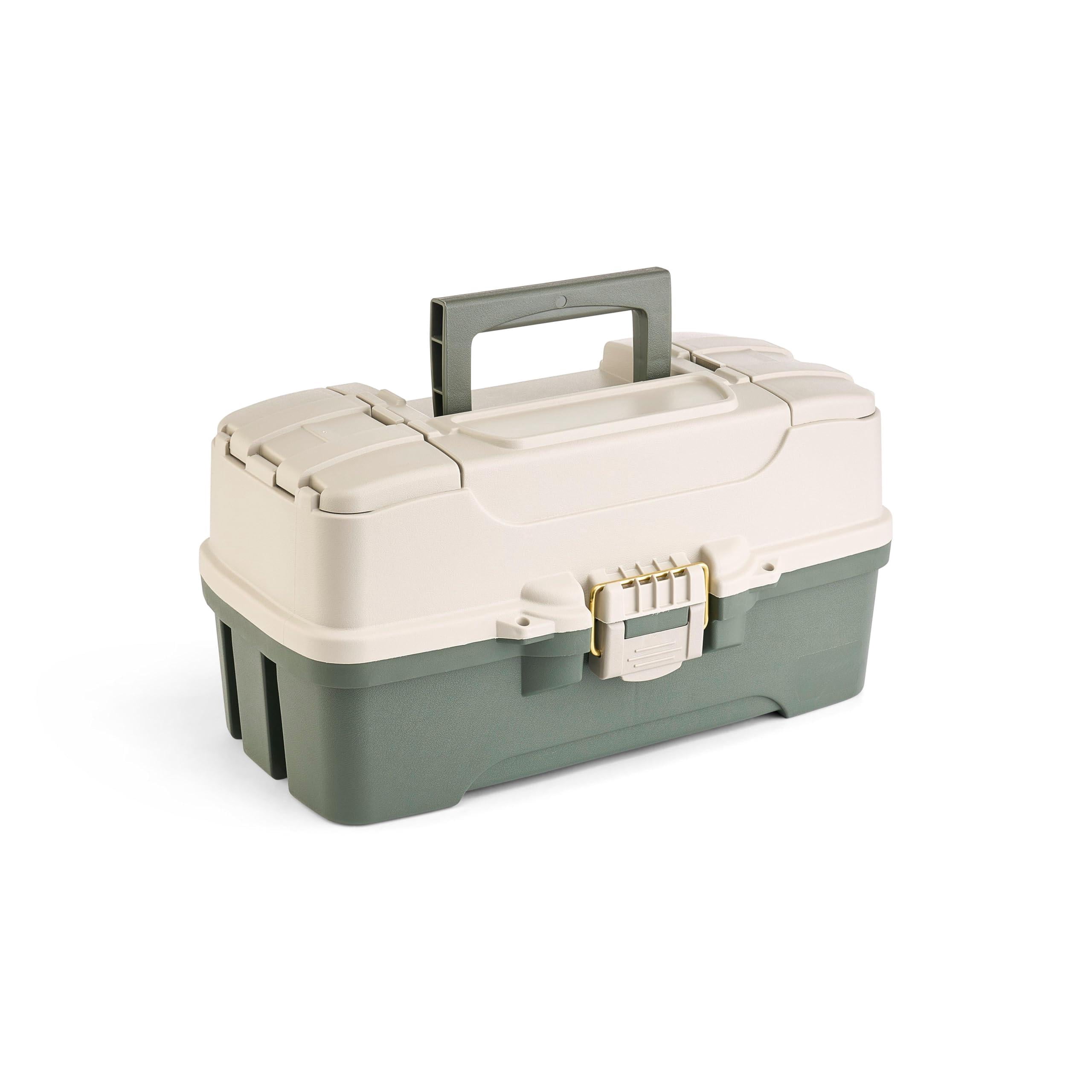 Three-tray Tackle Box  Green/tan Rust-proof Brass Latch Top-access Tray With Deep Storage Made In The Portable Fishing Gear Organizer