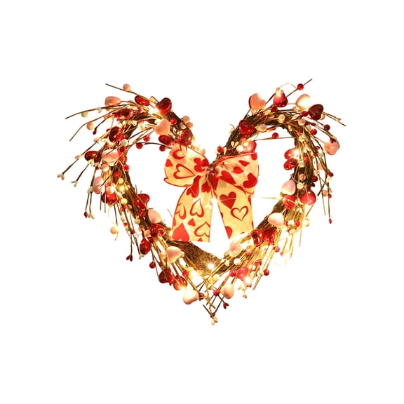 16Inch Red & Pink Heart Wreath with Artificial Hearts & Berries - Valentine's Day Bow Wreath for Indoor & Outdoor Decor