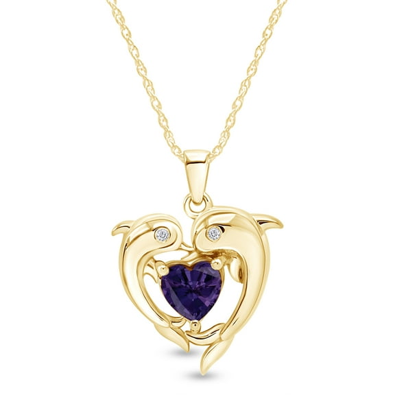 AFFY Mother's Day Gift Heart Simulated Ruby & White Cubic Zirconia Heart Frame Double Dolphin Pendant Necklace In 14k Yellow Gold Over Sterling Silver