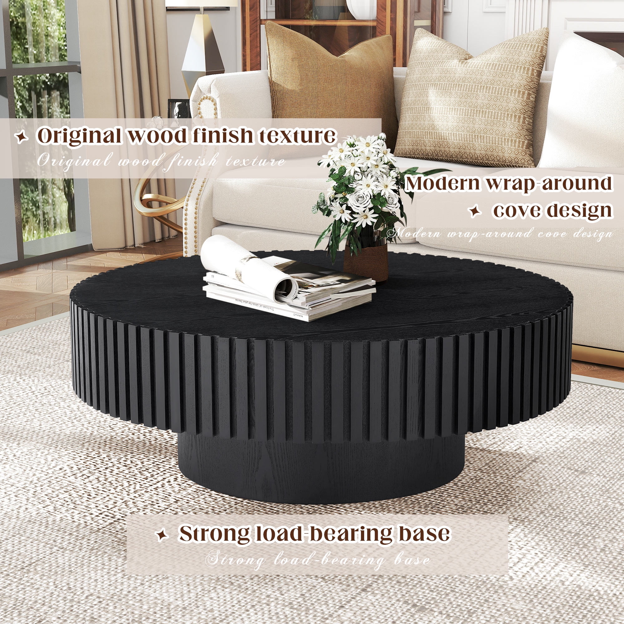 Muumblus 31.5" Round Wood Coffee Table, Modern Unique Fluted Accent Center Table for Living Room, Black