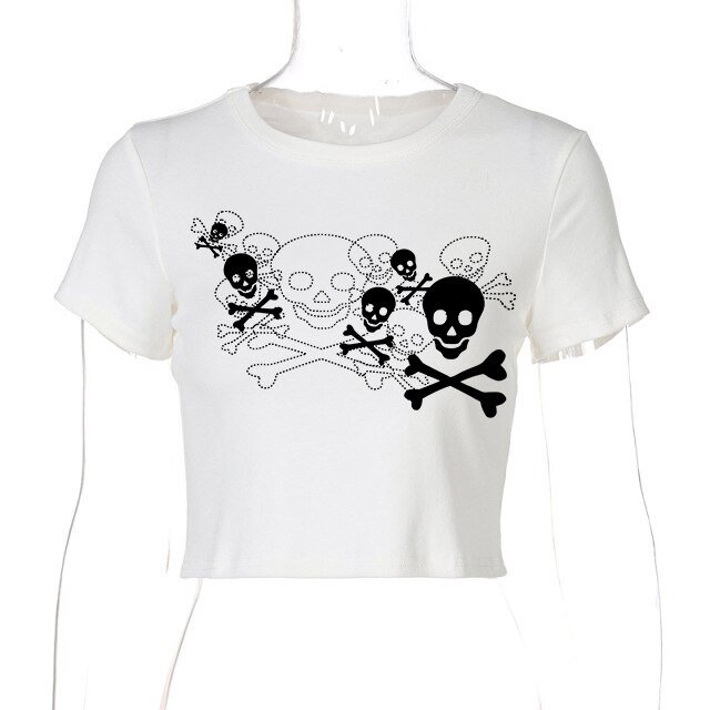 Camiseta gótica de calavera Punk para mujer, camiseta informal de verano de los años 90 con estampado gráfico Grunge Vintage, camiseta de manga corta Y2k, Top corto ajustado Tan Jianjun unisex